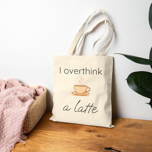 i overthink a latte tote bag funny canvas tote overthinker gift coffee lover book bag anxiety humor cozy aesthetic cute reusable tote